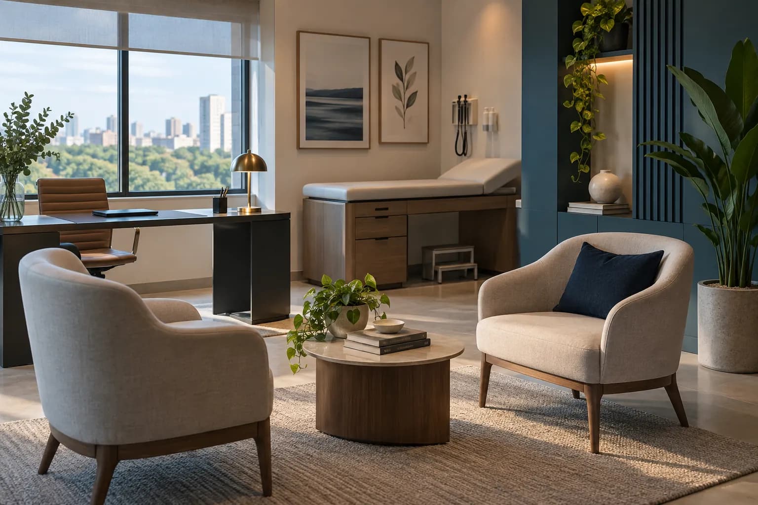 Ambiente profissional acolhedor com espaço para conversa
